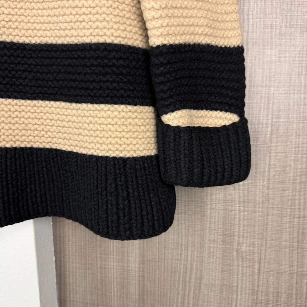 Kate Spade Black Tan Stripe Collared Knit Sweater Chunky 100% Wool Large‎